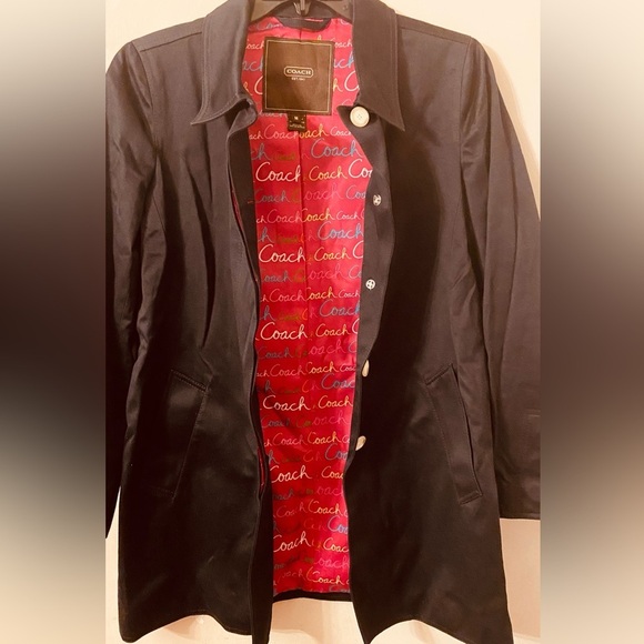 Coach Women’s Navy Blue Mid Length Pink Lining Logo Long Sleeves Trench - Picture 5 of 11